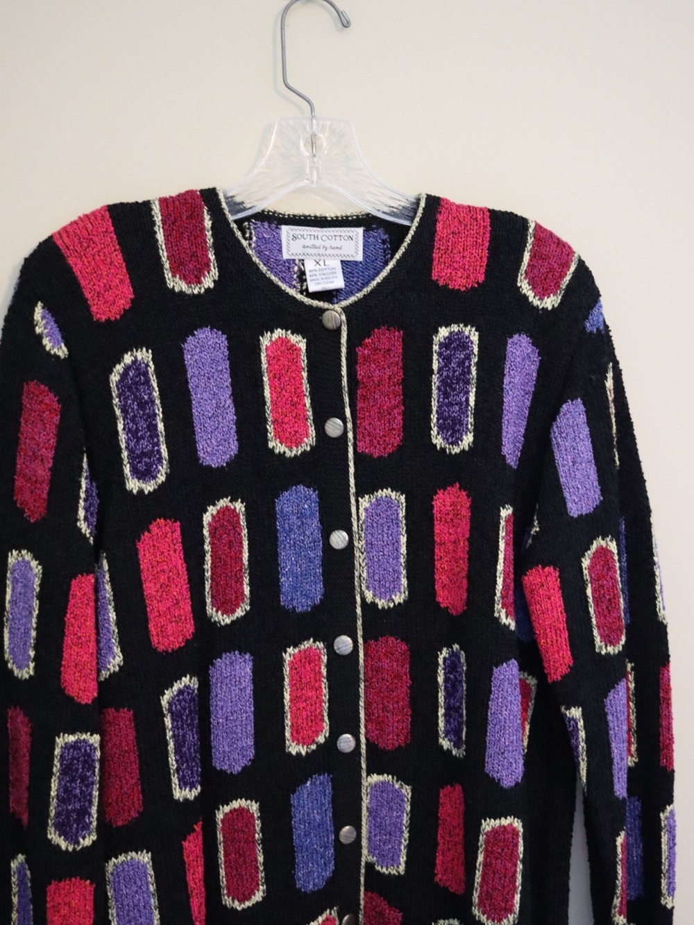 Vintage South Cotton Black Cardigan with Pink & Purple Geometric Motifs